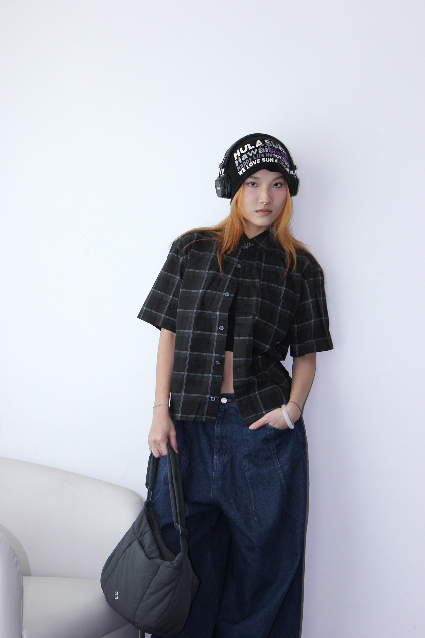 Vintage Cropped Collared Shirt - Black Gingham