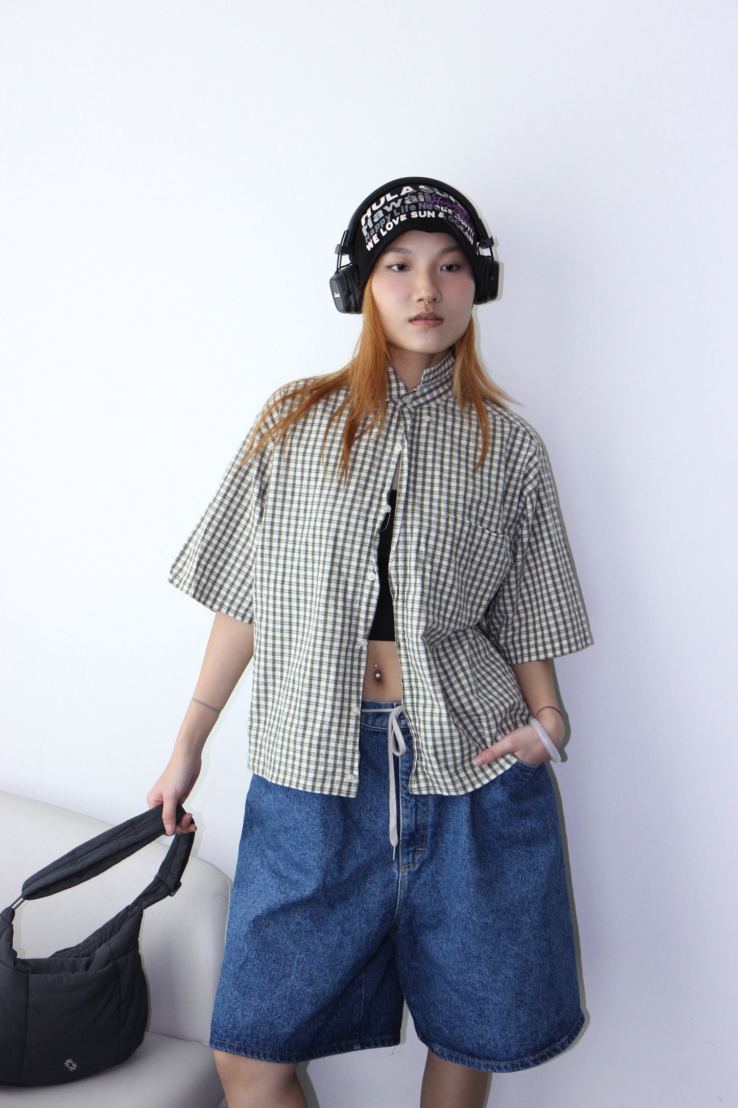 Vintage Cropped Collared Shirt - Gingham Green