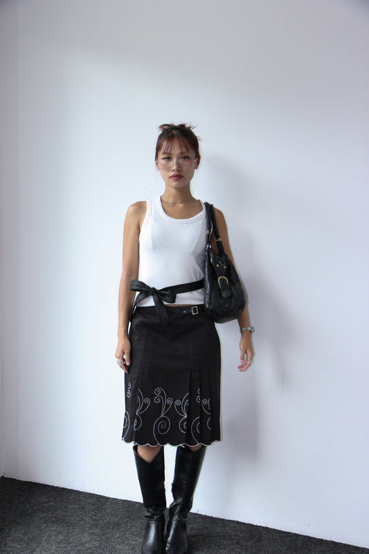 Vintage 90s Embroidered Pleated Skirt - Black