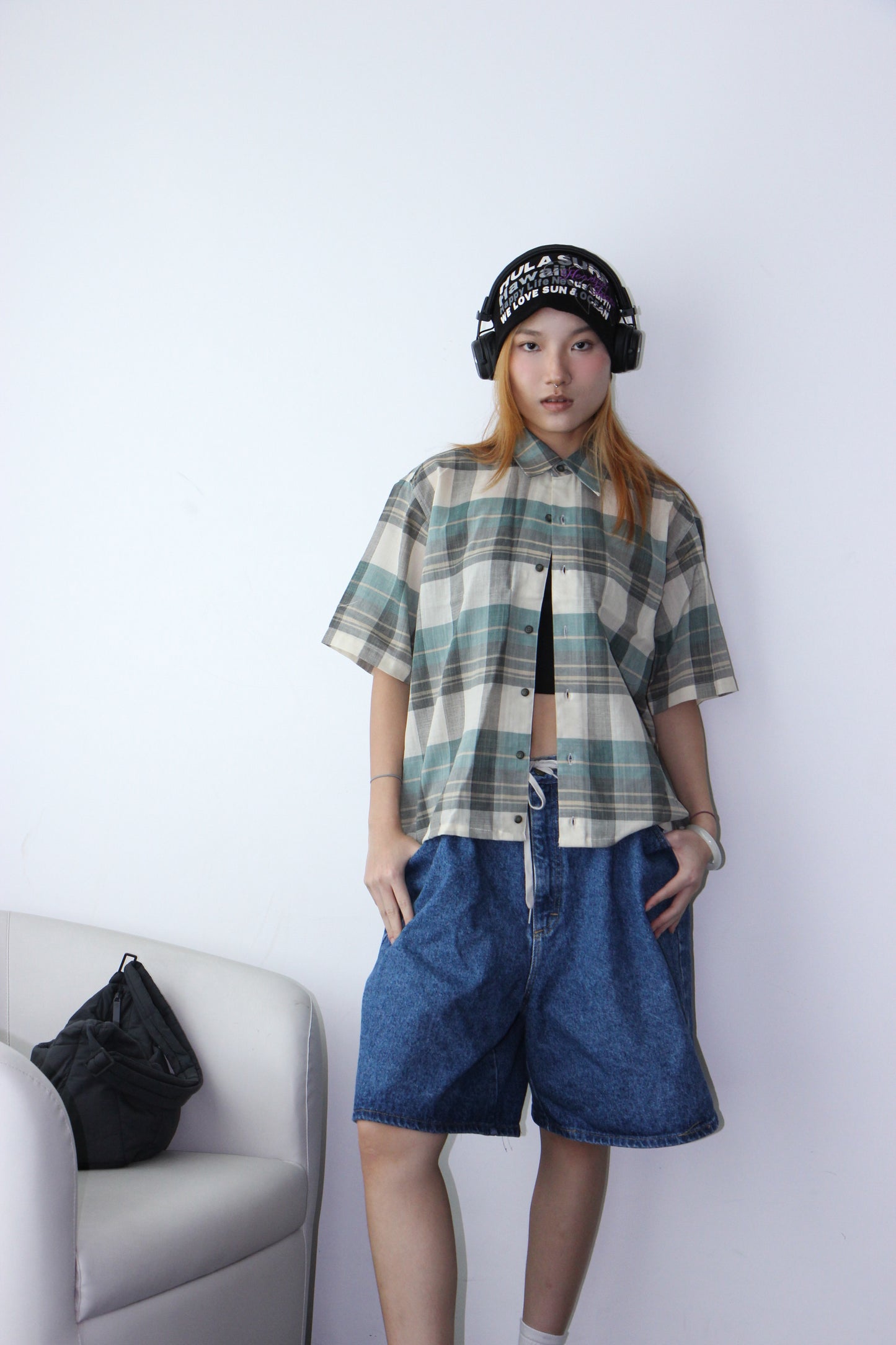 Vintage Cropped Collared Shirt - Checkered Grey