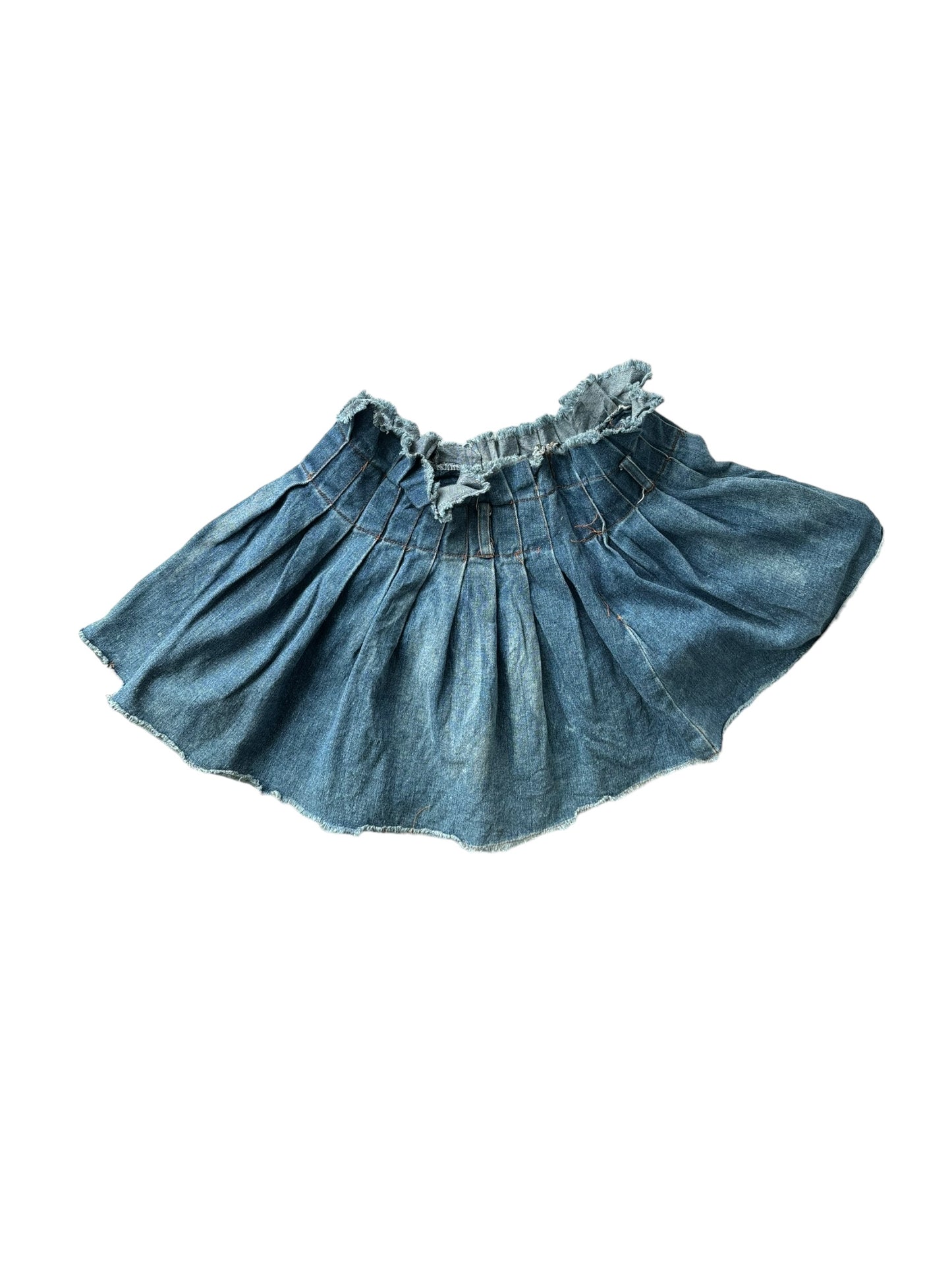 Y2K Pleated Ruffle Denim Skirt - Distressed blue