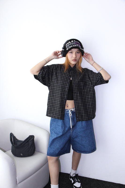 Vintage Cropped Collared Shirt - Black Gingham