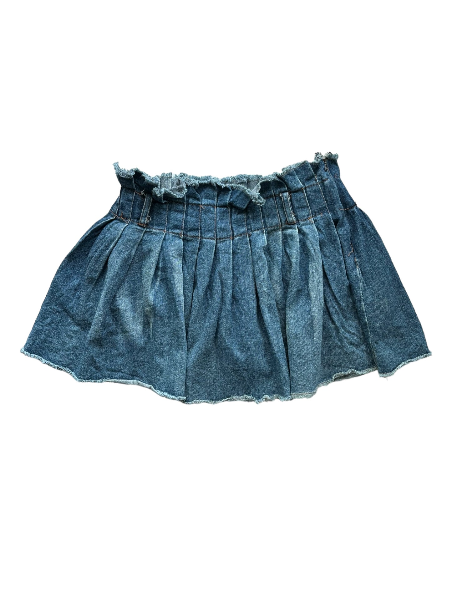 Y2K Pleated Ruffle Denim Skirt - Distressed blue