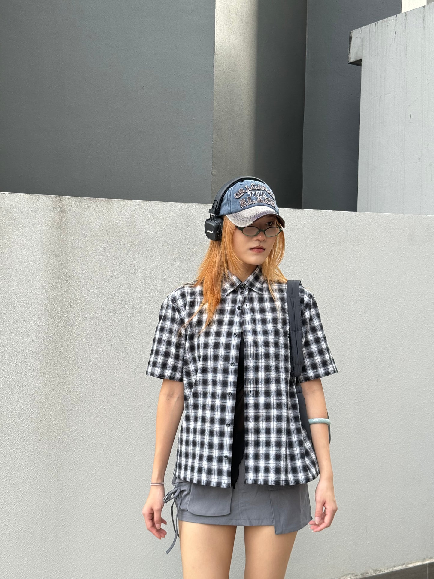 Vintage Cropped Collared Shirt - Checkered black