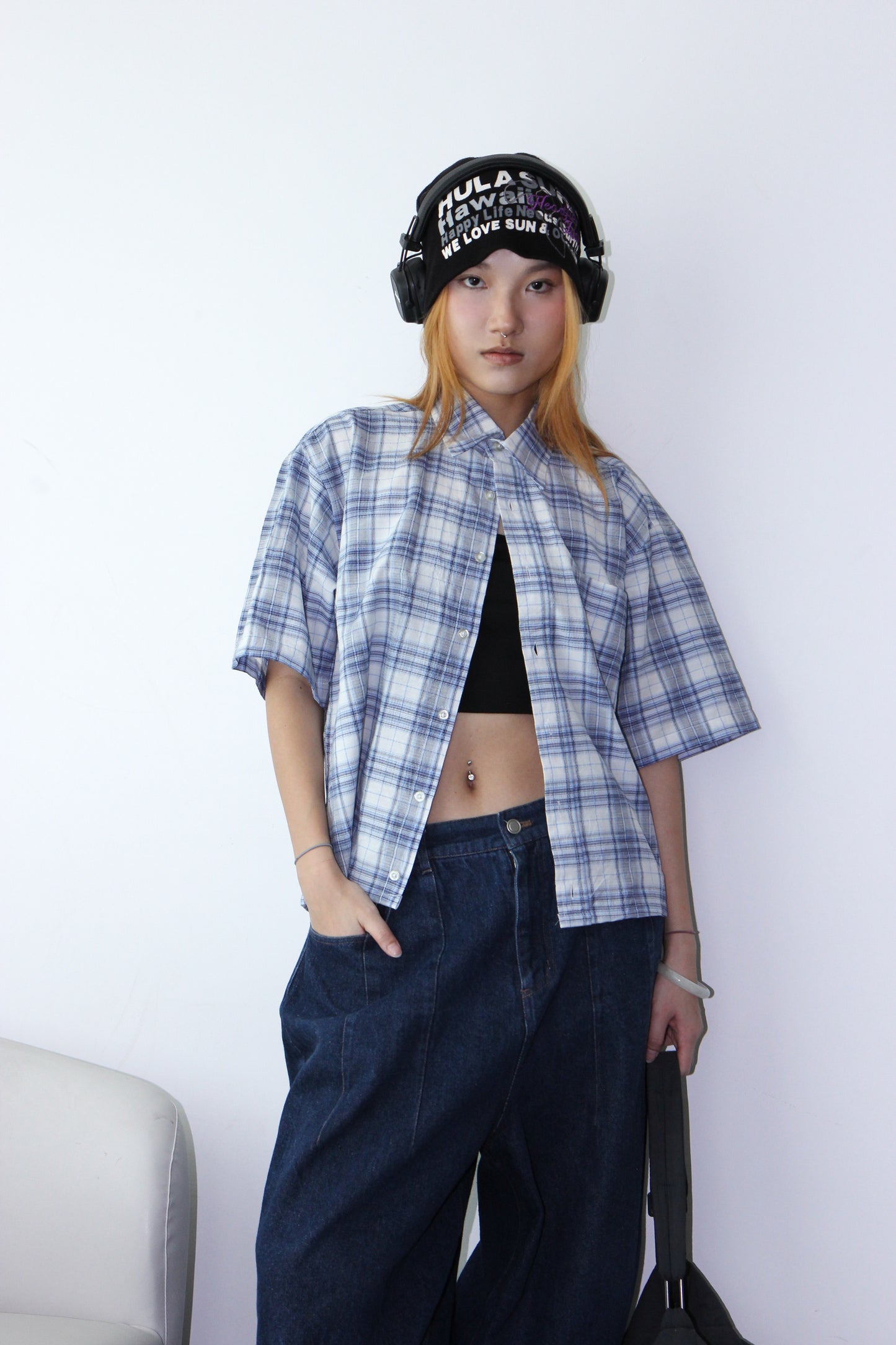 Vintage Cropped Collared Shirt - Blue / Mosiac