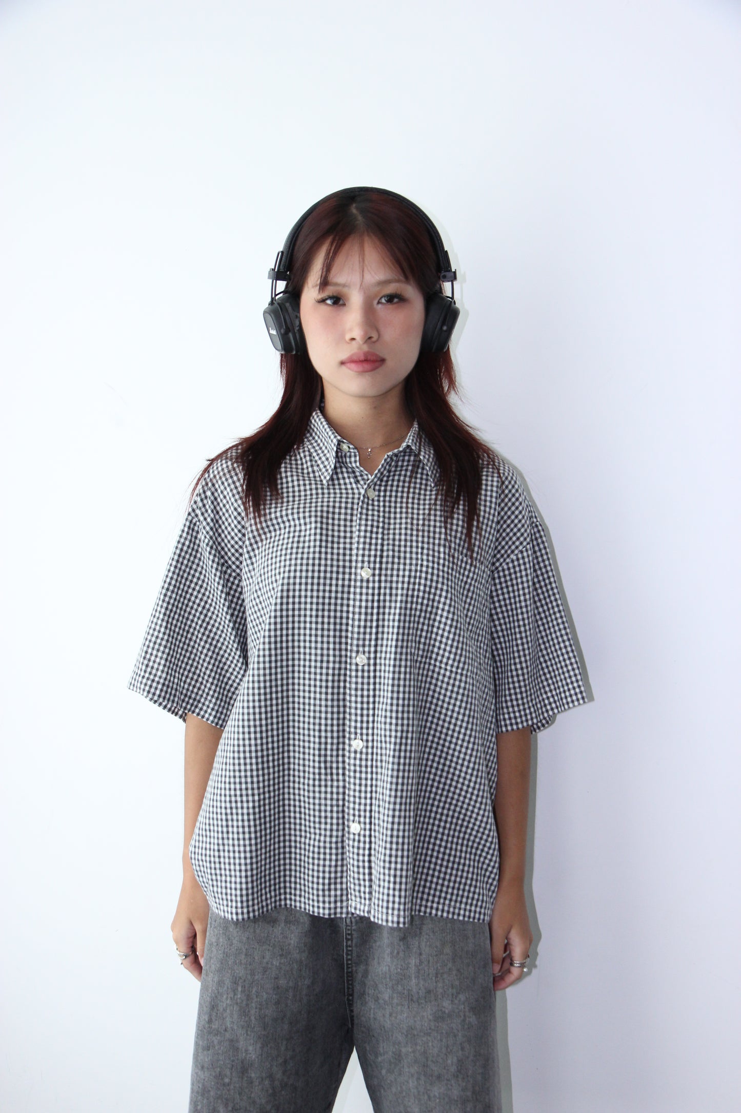 Vintage Cropped Collared Shirt - Black gingham