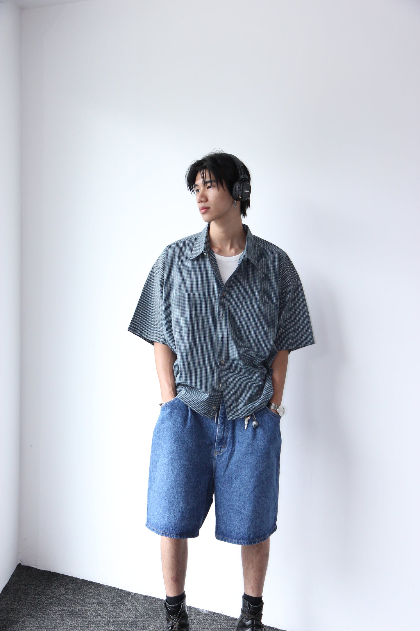 Vintage Cropped Collared Shirt -  Blue