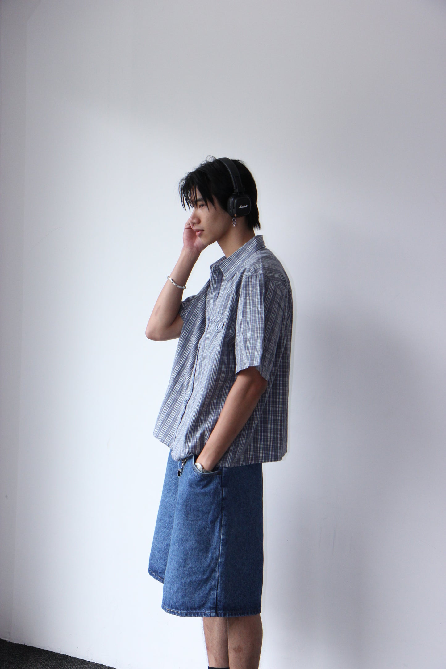 Vintage Cropped Collared Shirt -  Greyish Blue