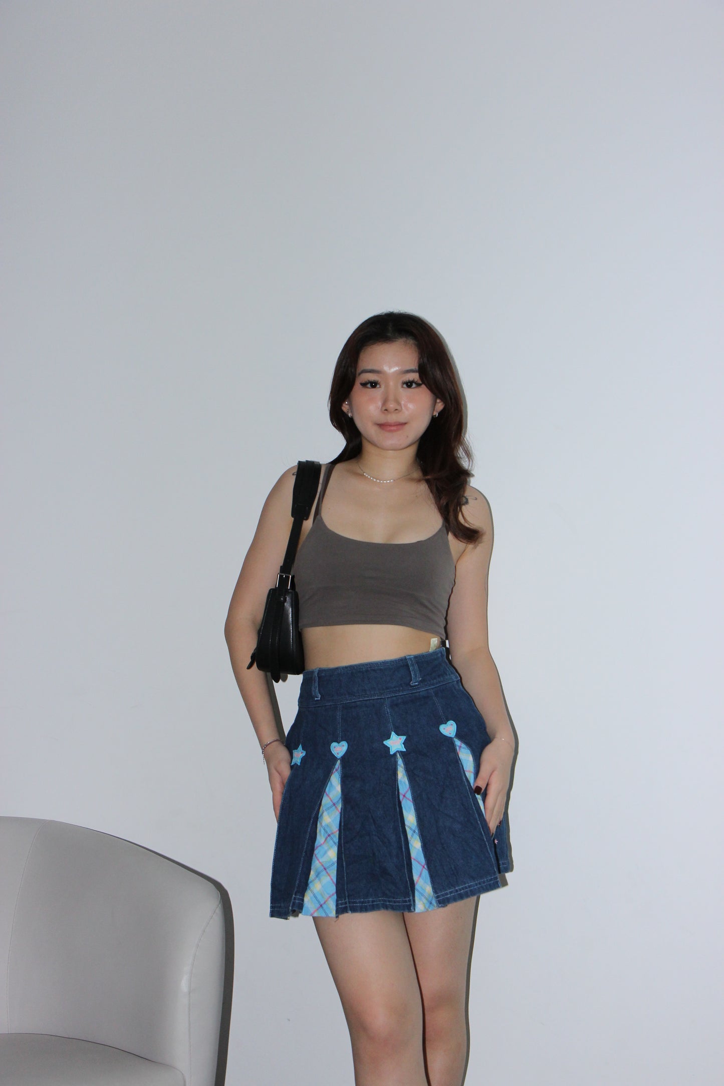 Y2K Pleated Denim Skirt - Gingham Blue