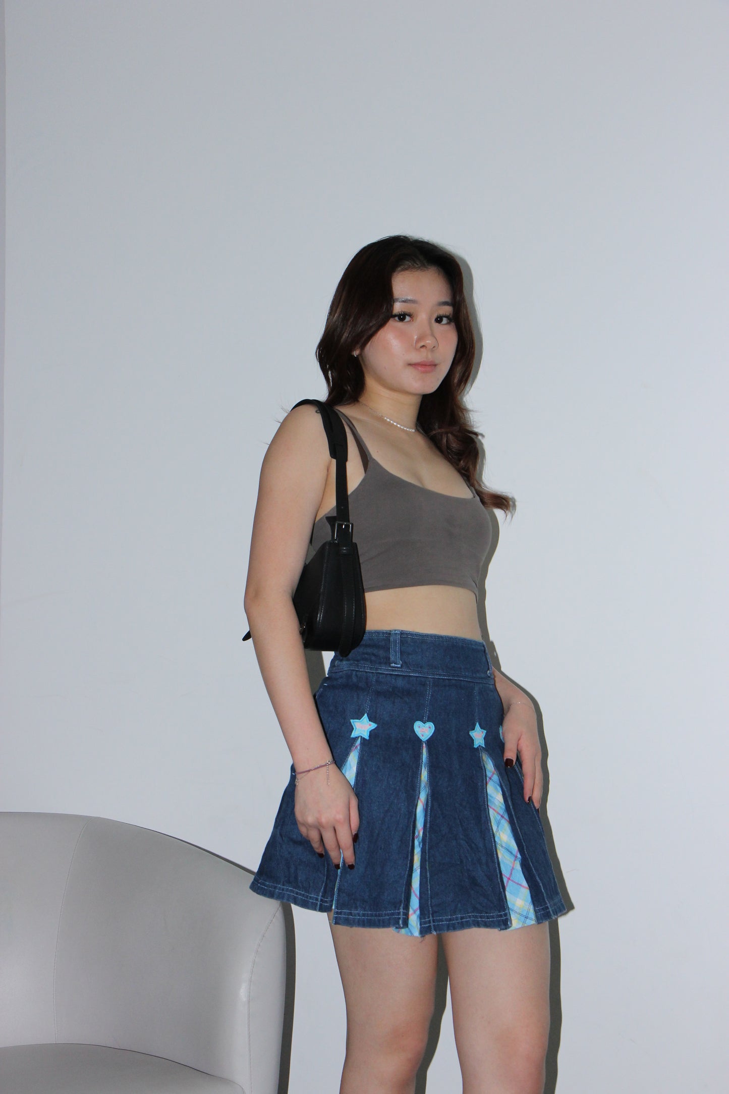 Y2K Pleated Denim Skirt - Gingham Blue