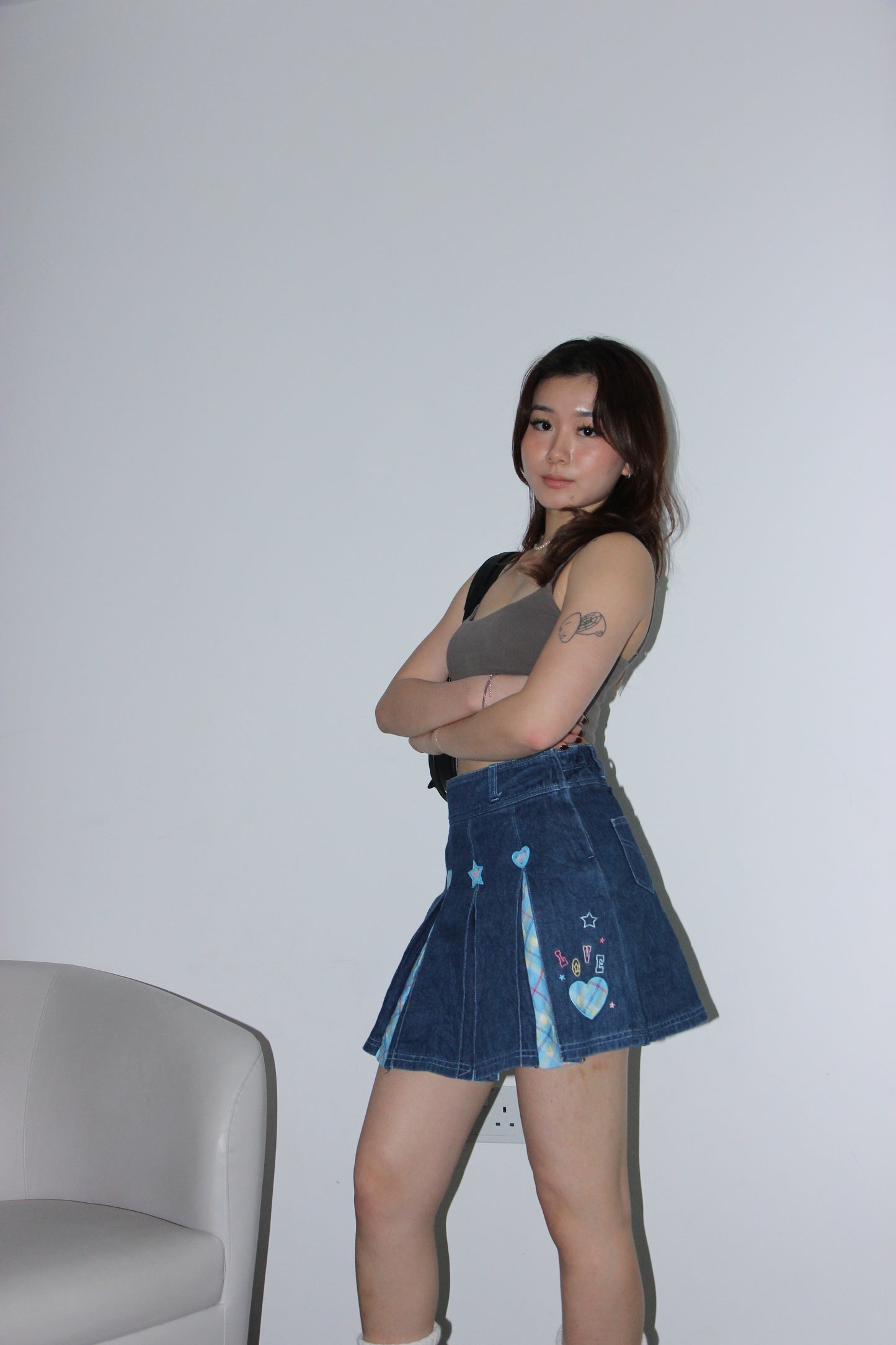 Y2K Pleated Denim Skirt - Gingham Blue