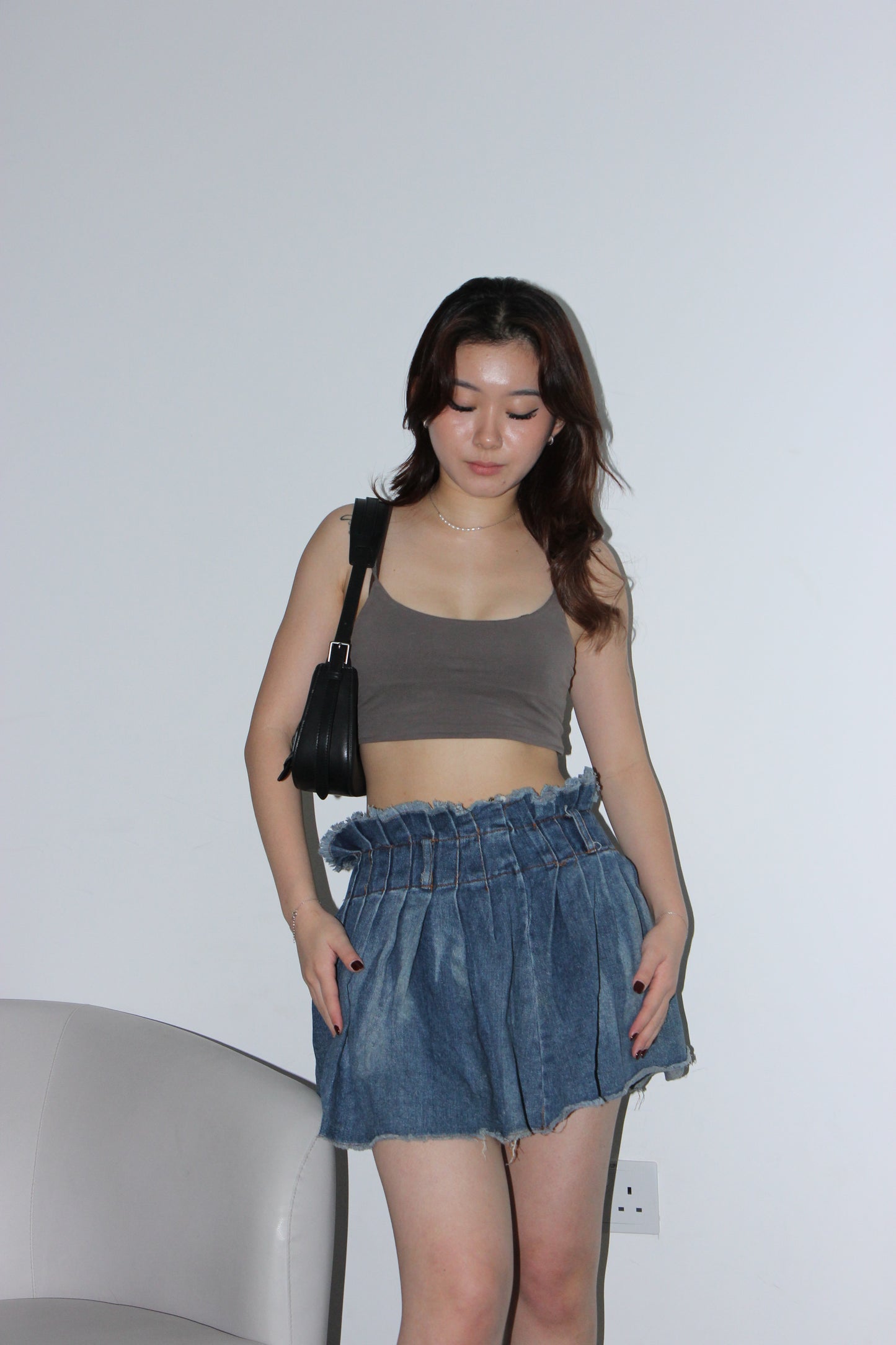 Y2K Pleated Ruffle Denim Skirt - Distressed blue