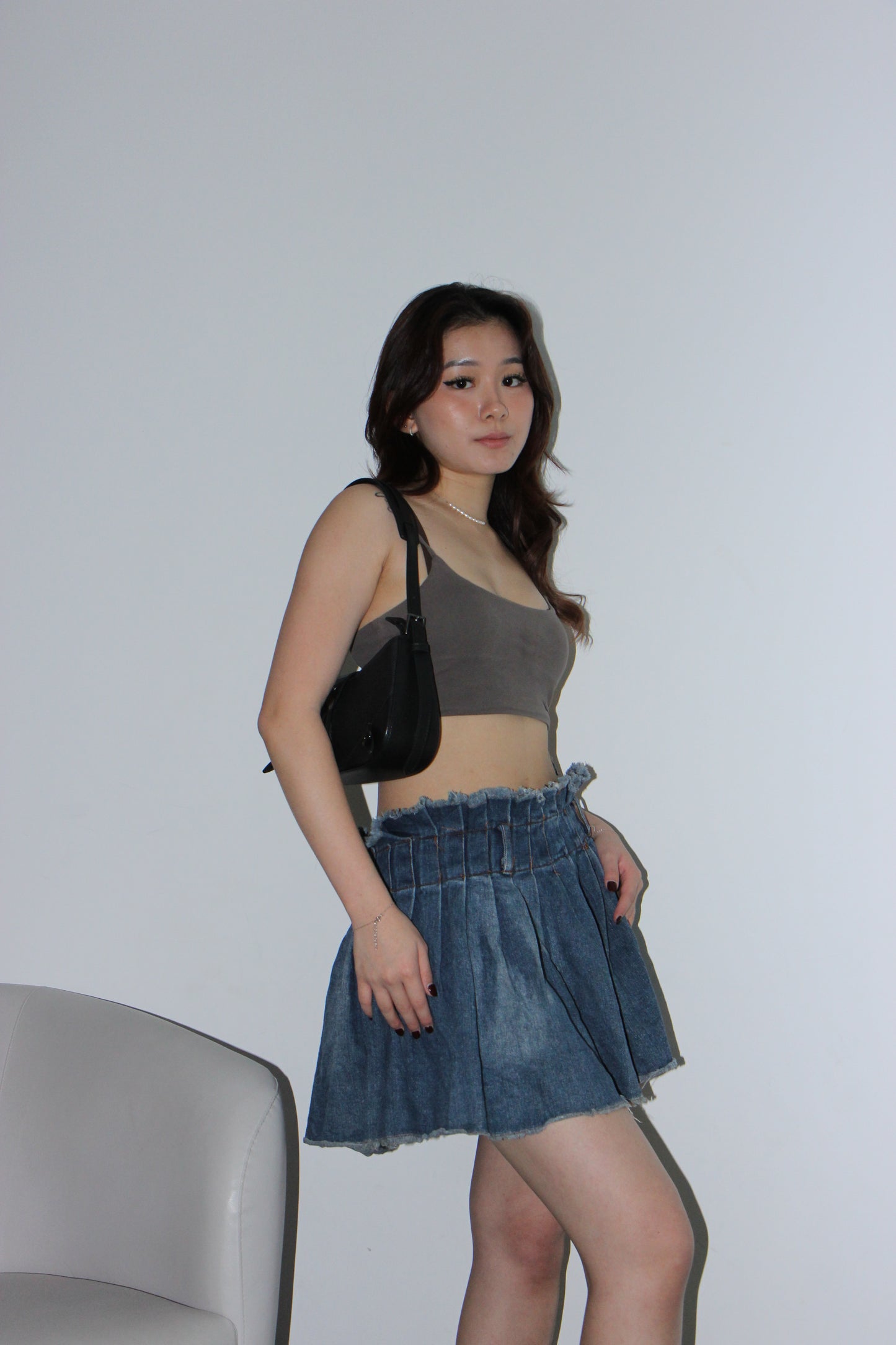 Y2K Pleated Ruffle Denim Skirt - Distressed blue