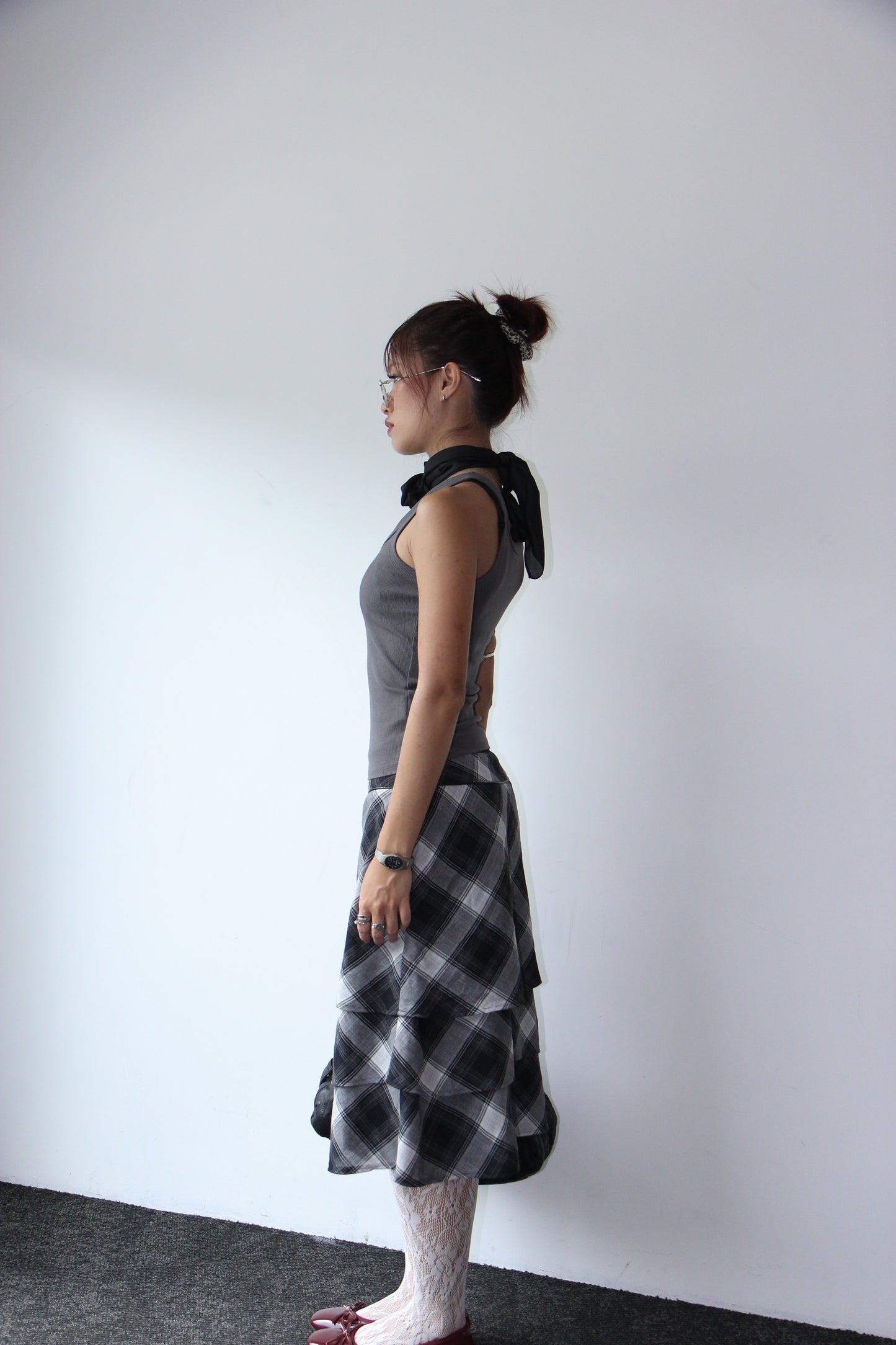 Vintage 90s Checkered Pencil Office Skirt - Wolf Grey