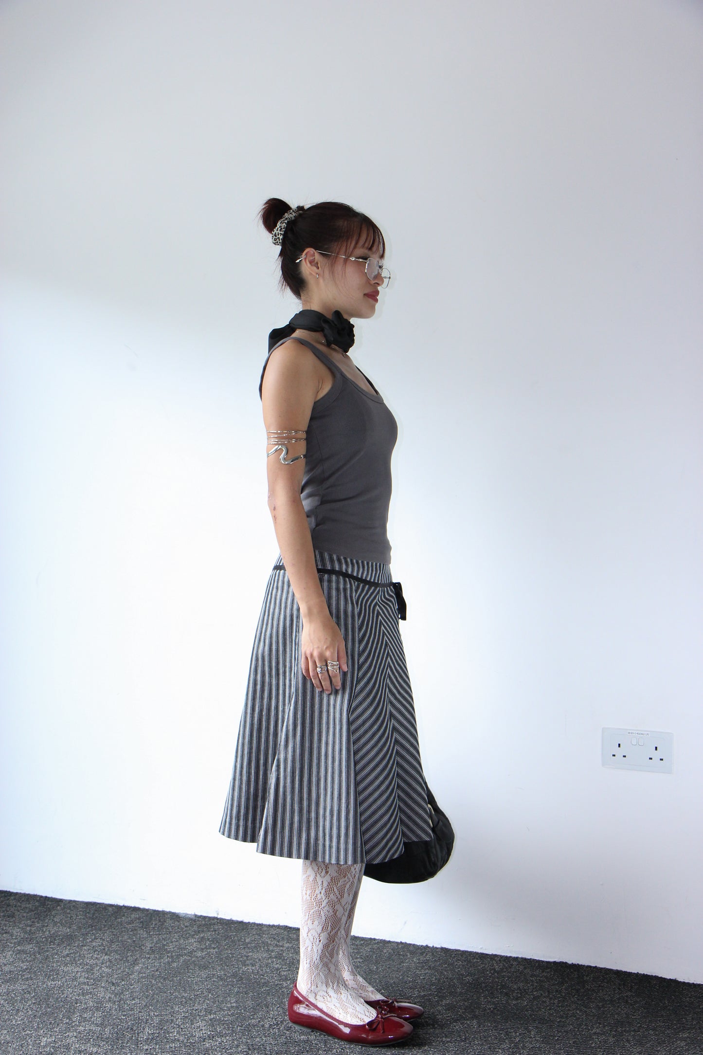 Vintage 90s Striped Pencil Office Skirt - Wolf Grey