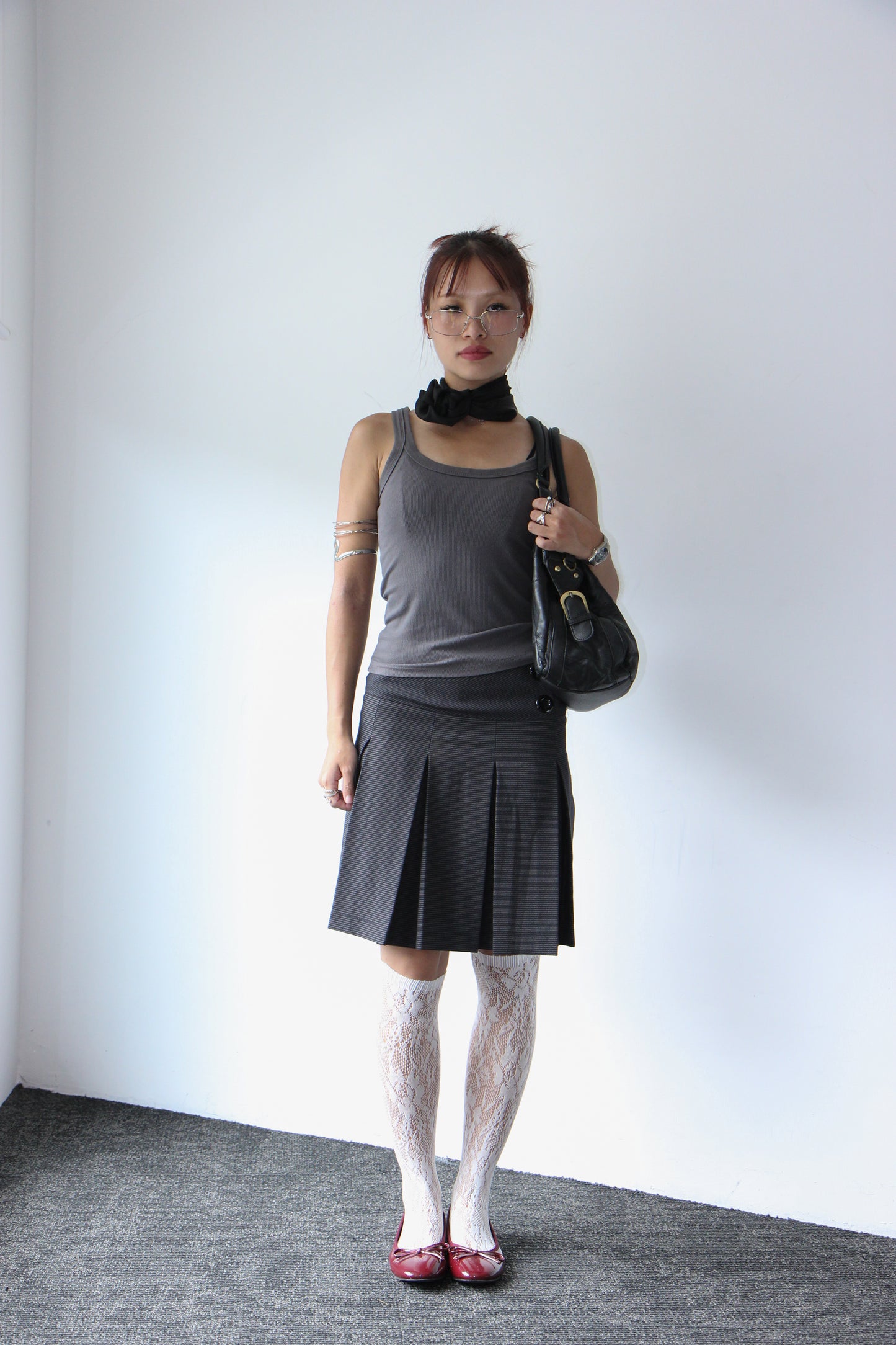 90s Midi Pleated Office Skirt - Charcoal